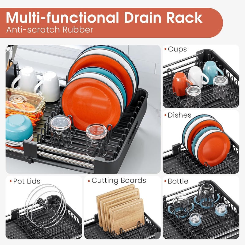 TOOLF Dish Drying Rack with Drainboard, Extendable Dish Rack for Kitchen Counter, Expandable Dish Drainer, Dish Strainer, Foldable Home Countertop Plate Storage Rack with Cutlery Holder, Black - Image 4